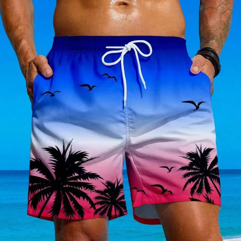 Man's ethnic style loose fit swimming trunks in a solid colour on a neutral background.