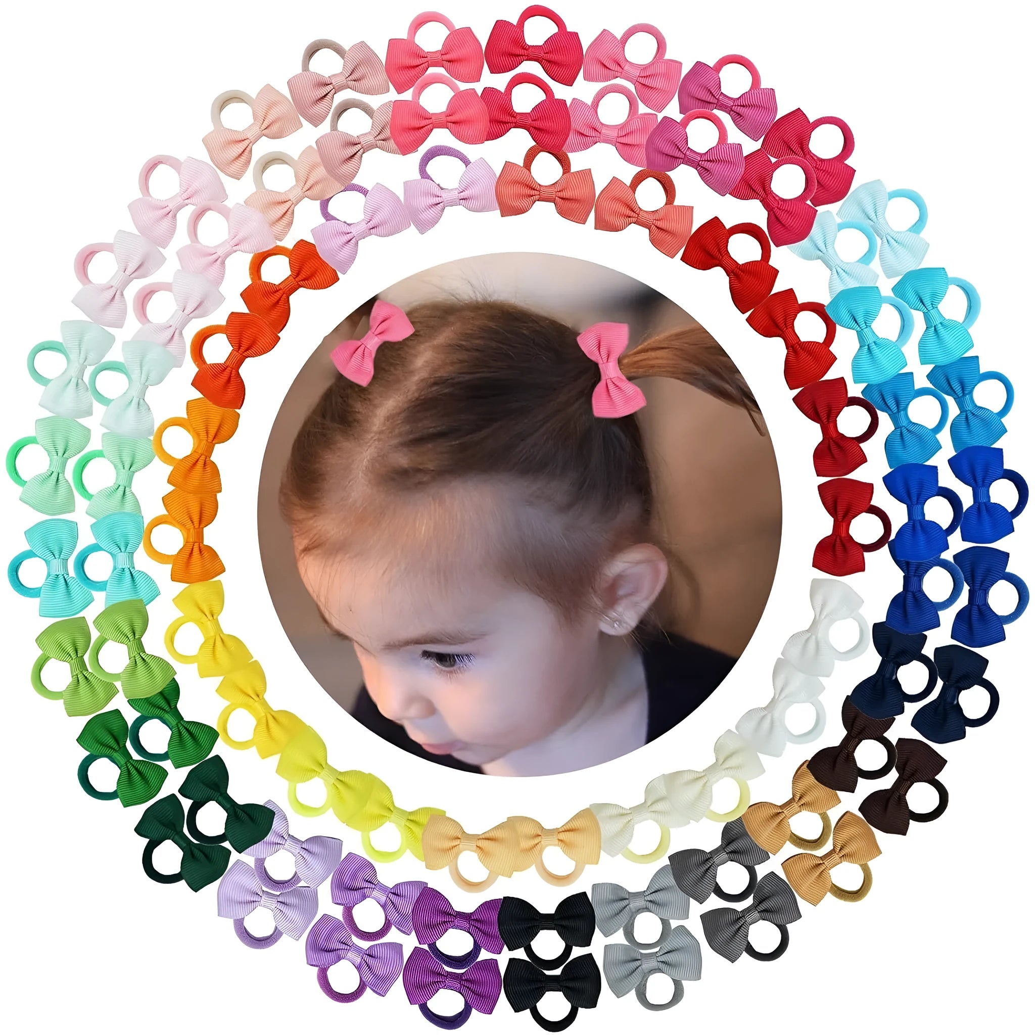 80 multi-coloured baby hair ties with small grosgrain ribbon bows for infants and toddlers.