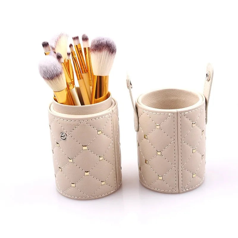 12-piece makeup brush set in beige white storage bucket with wooden handles and two-colour fibre bristles