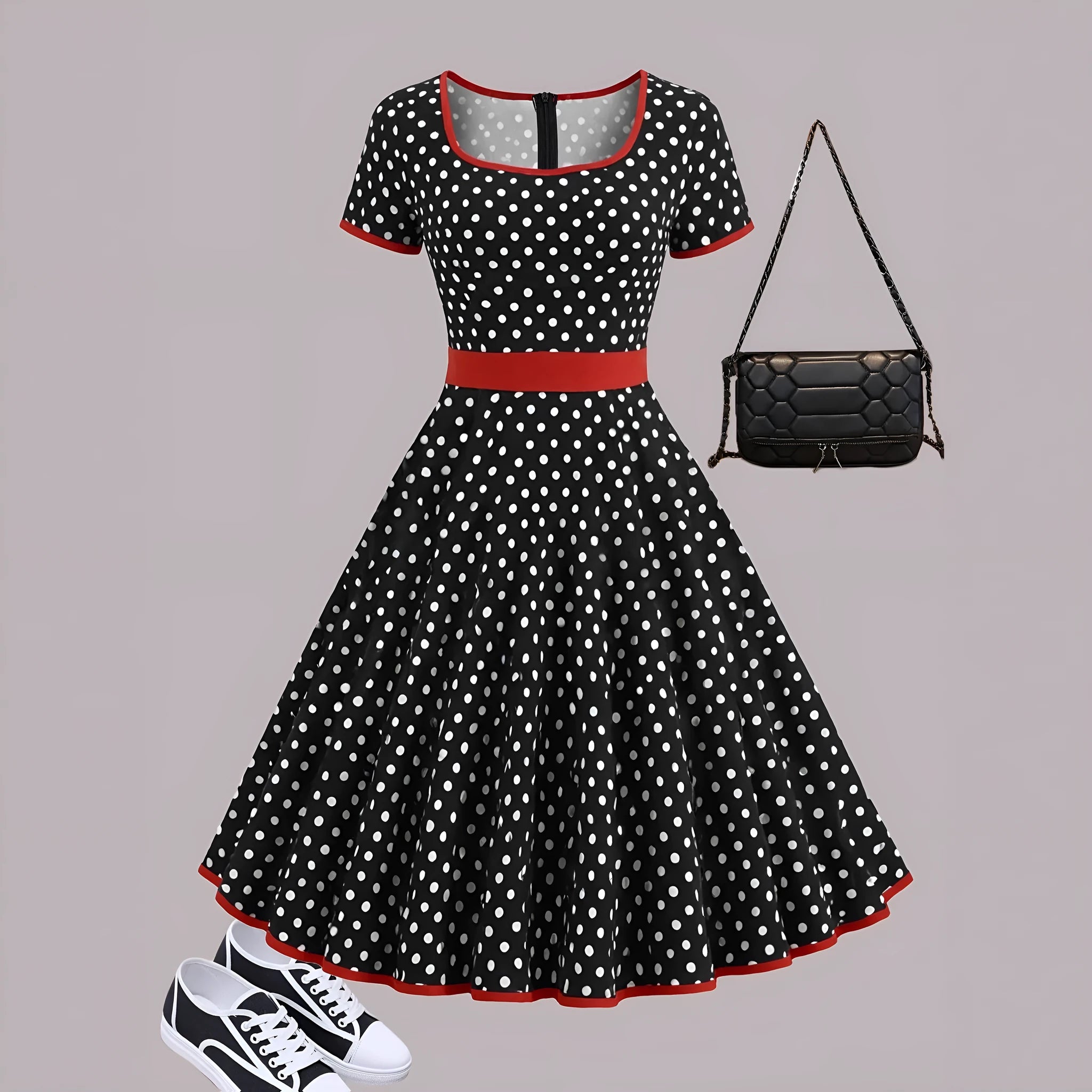 Multicolour polka dot women's dress with a square collar, short sleeves, and a pleated midi skirt.