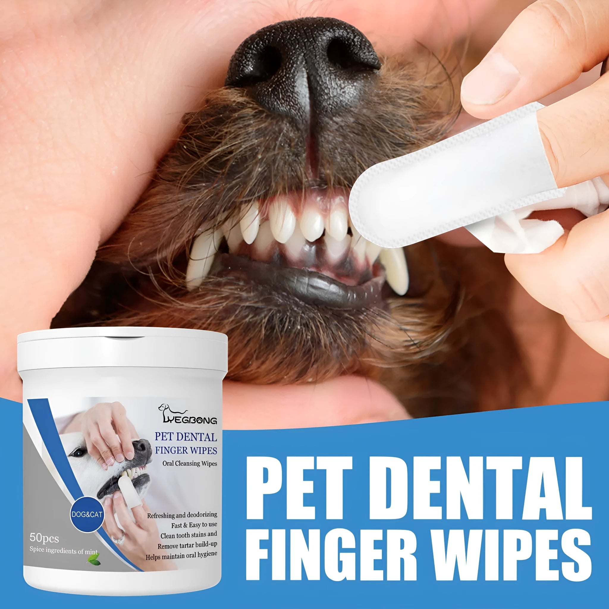 Canister containing 50 dog teeth cleaning finger wipes for canine oral hygiene and gum massage