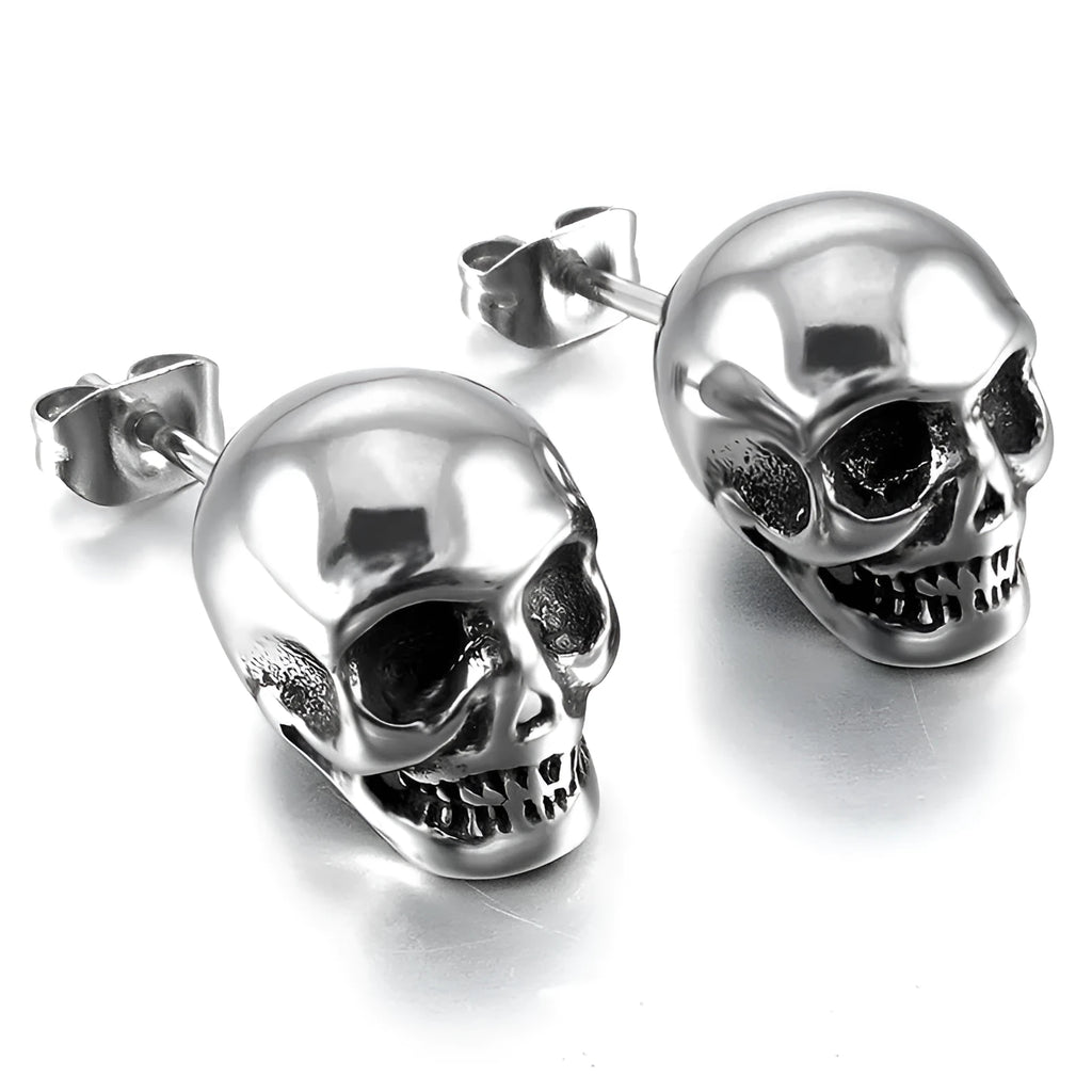Small punk skull stud earrings in white copper with black colour, push-back closure