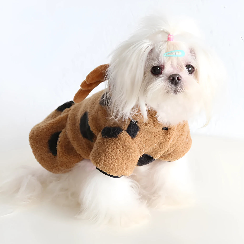 Polka dot patterned pet clothing for dogs and cats, shown in both four-legged jumpsuit and skirt styles.