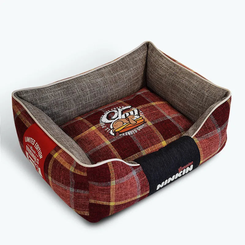Red plaid pet cushion mat for dogs, scratch and bite resistant, with soft padding for crate or floor use