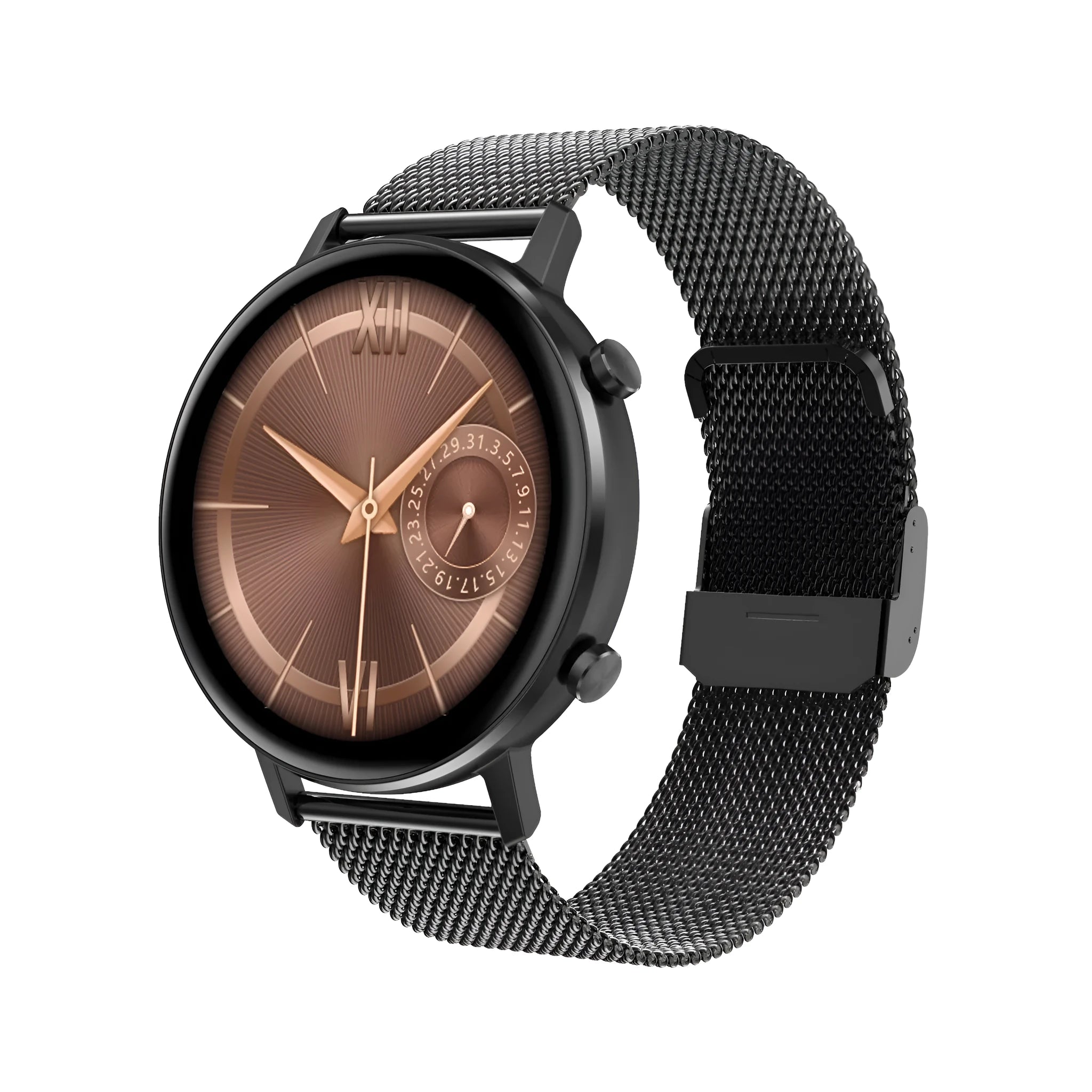 DT96 smart fitness tracker with stainless steel strap on a wrist, showing its colour display.
