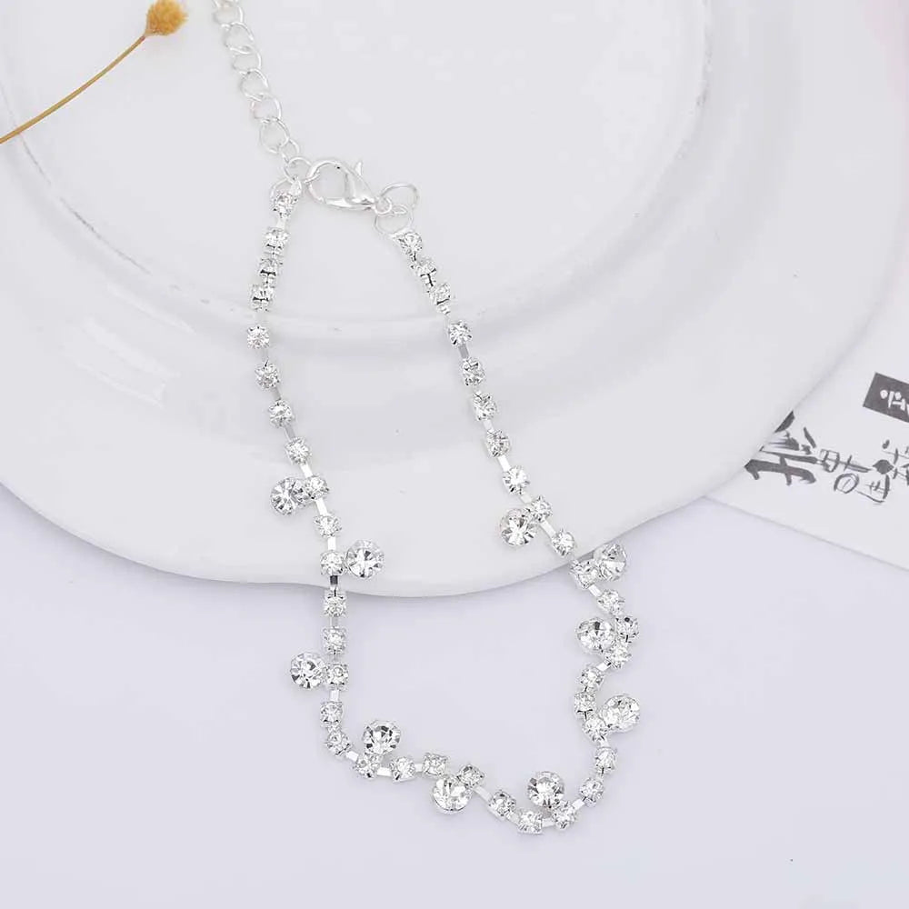 Women's silver alloy water drop tassel anklet with adjustable chain and artificial gem inlay