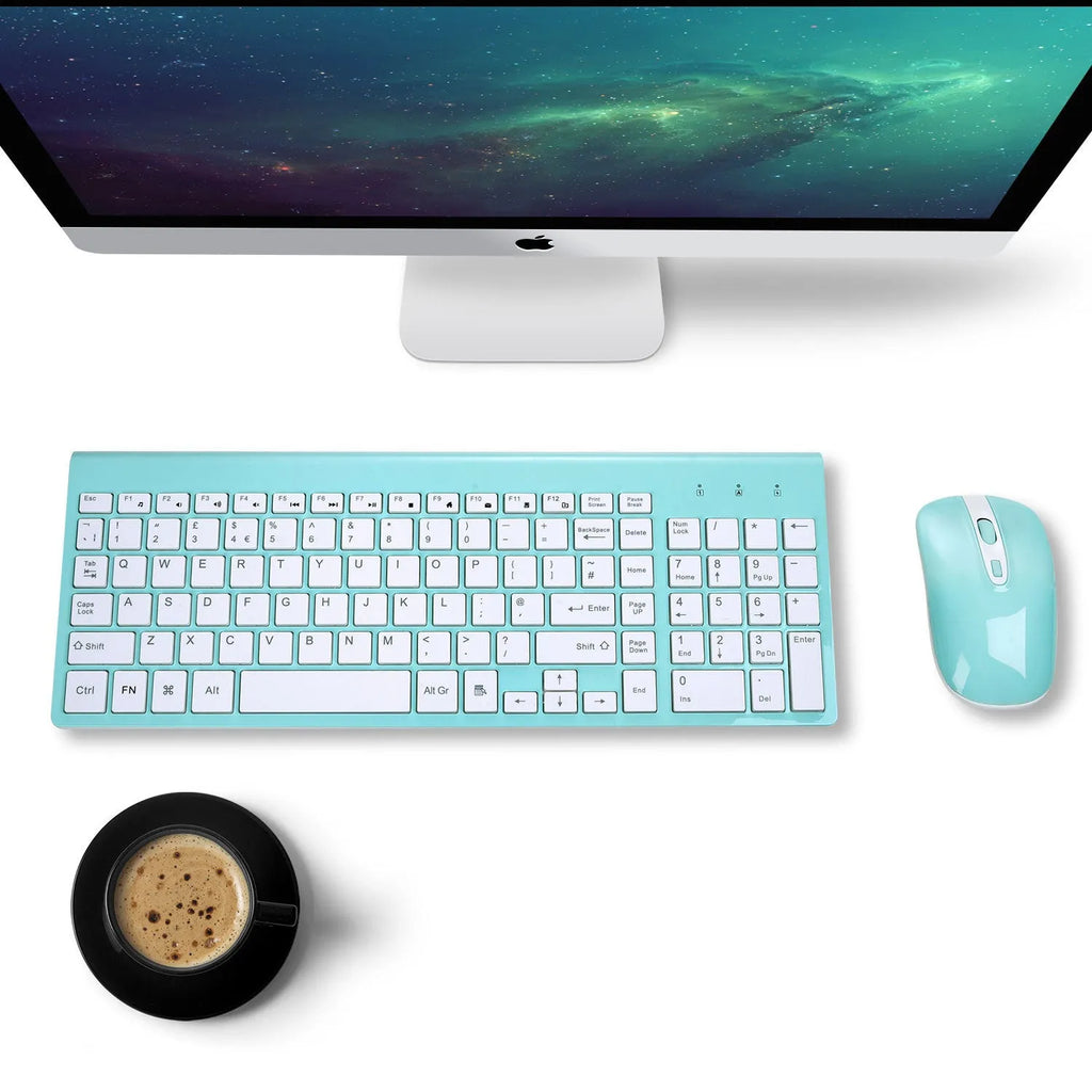 Full-size 2.4G wireless keyboard and mouse set in blue with numeric keypad and silent mouse on a desk
