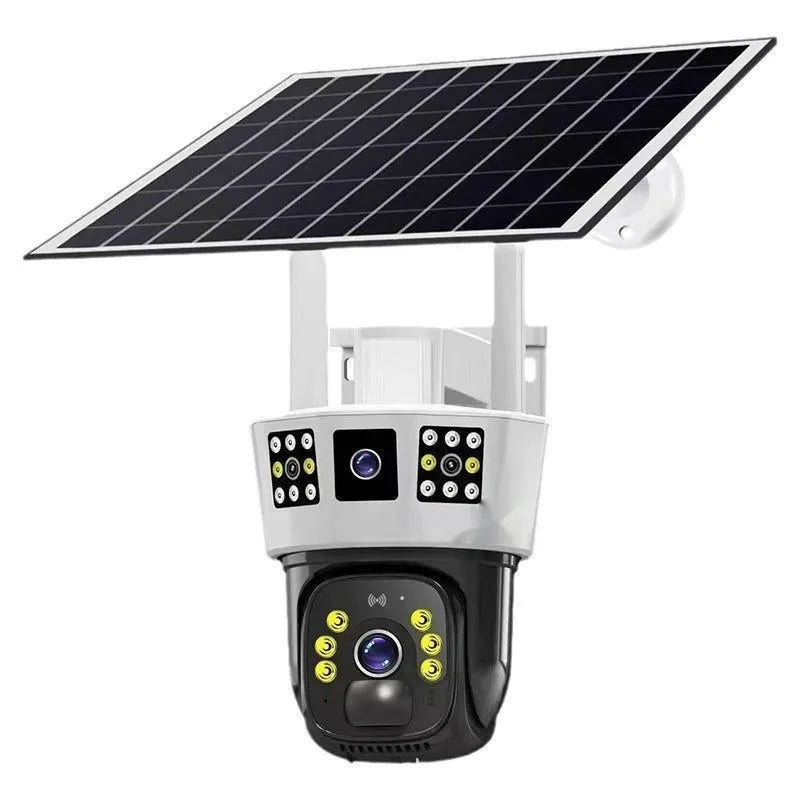 Solar-powered binocular surveillance camera with three-screen display for outdoor security monitoring