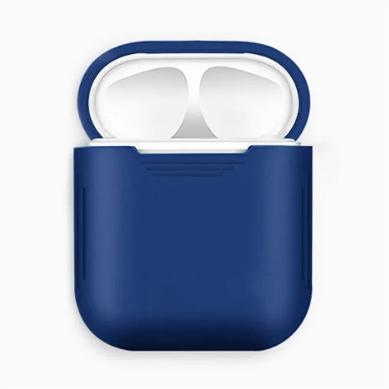 Silicone protection case for Apple AirPods with antilost rope attached, shown in blue colour.