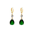 Green geometric teardrop alloy earrings on a white background.