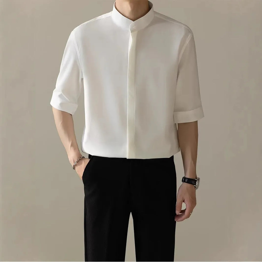 Men's thin stand collar short sleeve shirt in white, half sleeve polyester blend casual top
