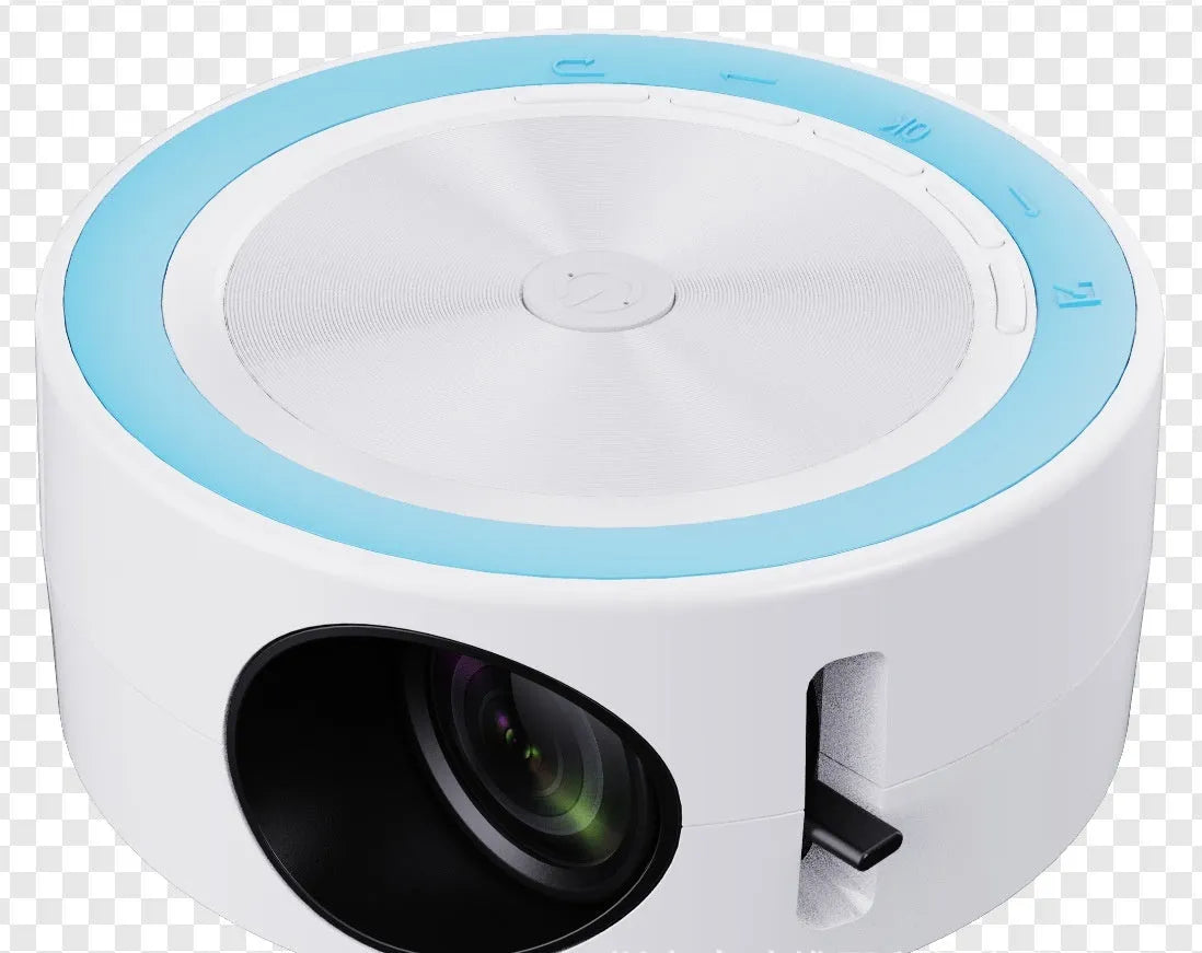 Wired home LED projector YT200 in compact 110x47mm casing with remote control and USB cord