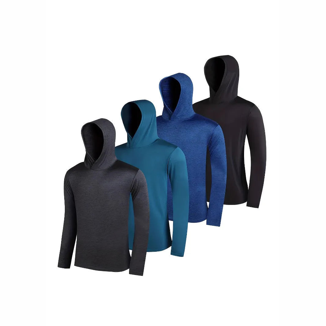 Pack of men's lightweight polyester hoodies in assorted colours on hangers