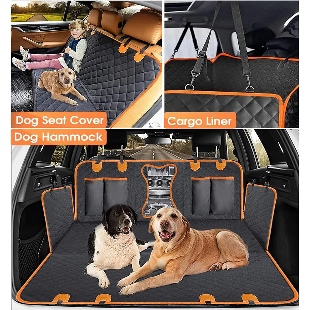 Black and orange edged waterproof dog car seat cover laid out, showing mesh window and storage pockets.