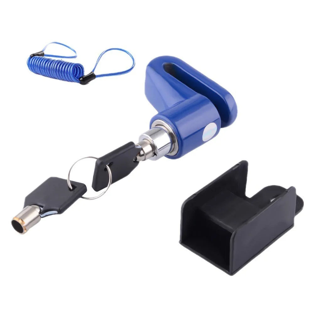 Iron disc brake lock for bicycle or mountain bike with red reminder rope on disc rotor