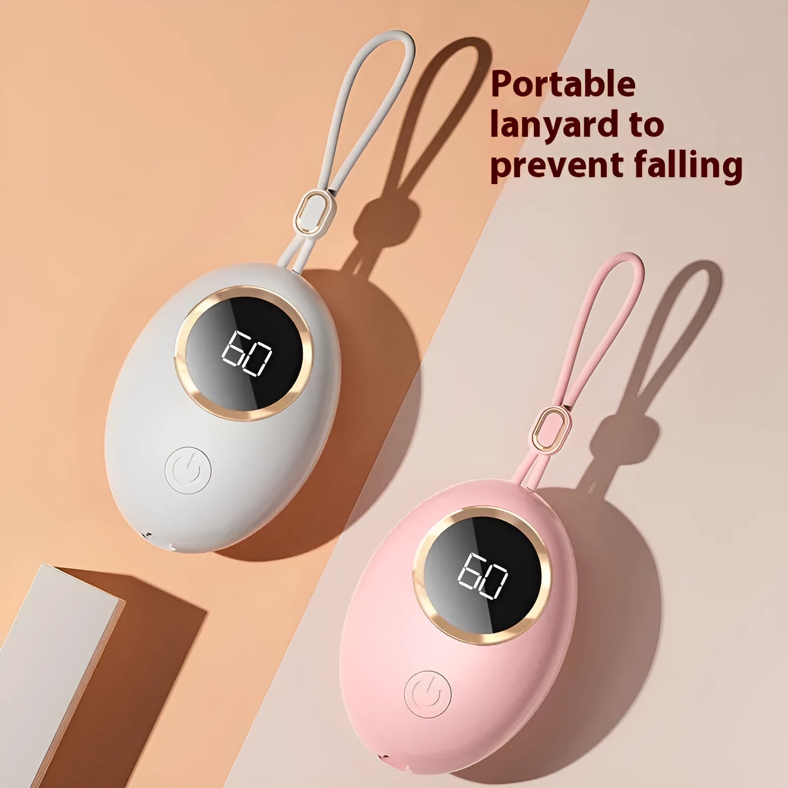 USB-powered hand warmer power bank with digital display in various colour options.