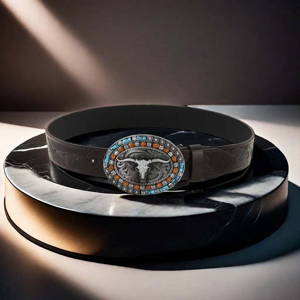 Men's imitation leather belt with electroplated cow head alloy buckle, 125 cm length