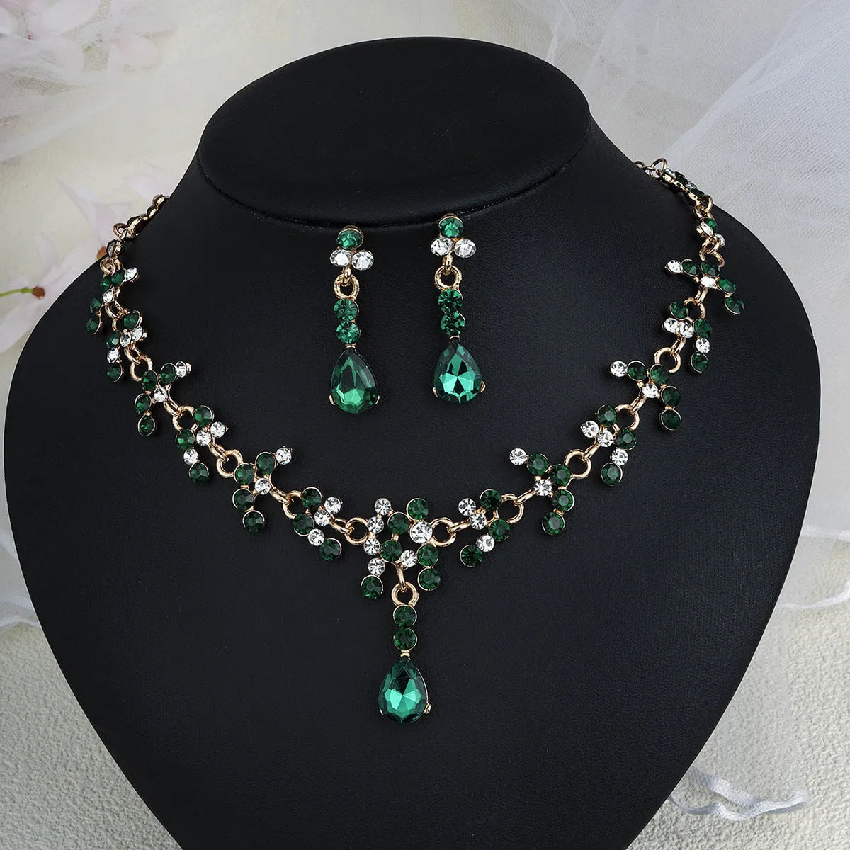 Rhinestone pearl earrings and necklace set for women wedding jewellery in silver gold AB blue green red champagne purple