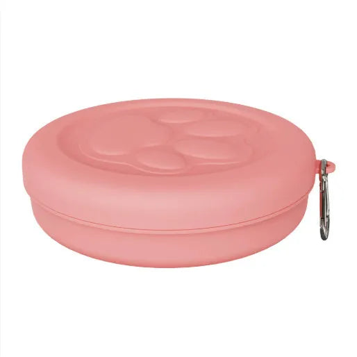 Portable dog bowl with removable lid in light pink and green colour options showing small and large size variants