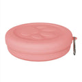 Portable dog bowl with removable lid in light pink and green colour options showing small and large size variants