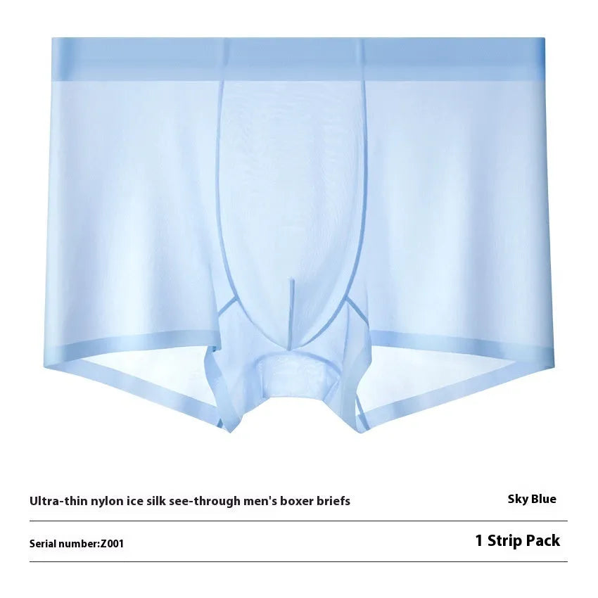 Men's ice silk boxer briefs in multiple colours on a white background, showing seamless design.