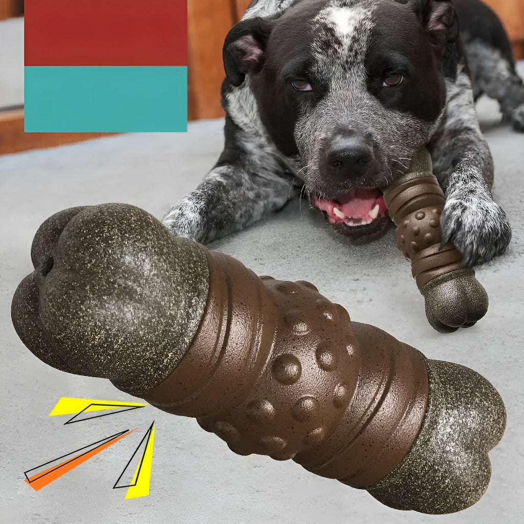 Wood colour plastic dog dental chew toy with sounding bone shape and molar rod