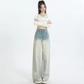 Women's gradient blue straight-leg denim trousers with wide leg silhouette on hanger