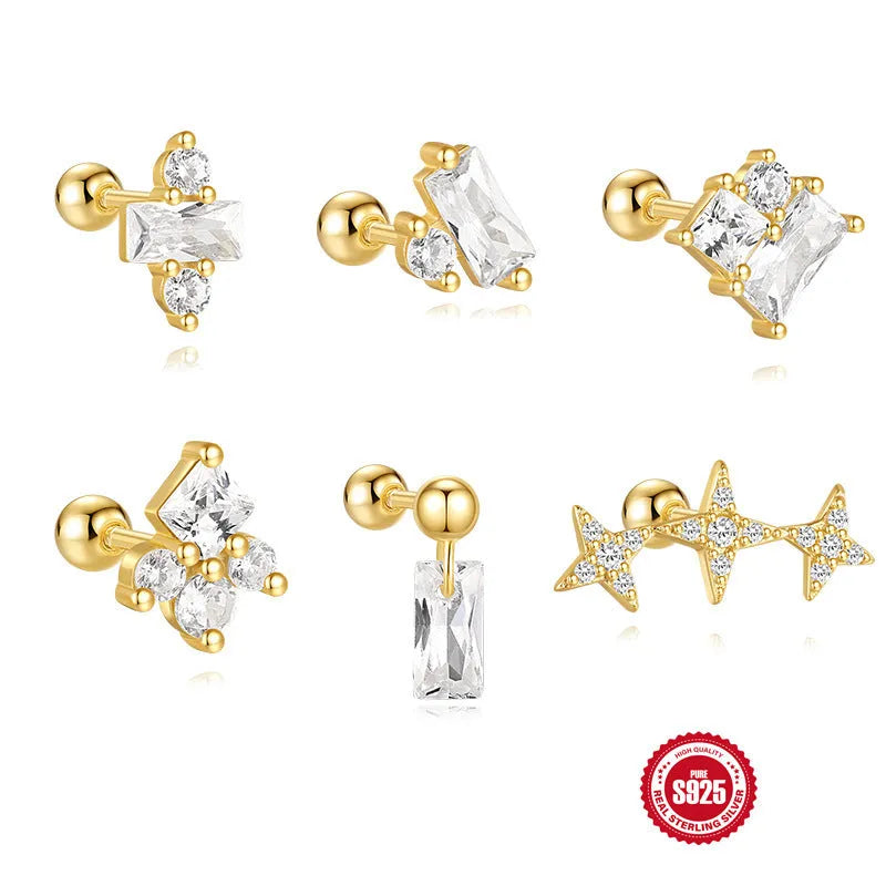 S925 sterling silver flower stud earrings with red gravel stone and gold electroplated finish