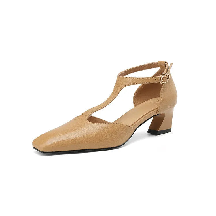 Wine red women's chunky heel shoes with square toe and buckle, made from sheepskin leather.