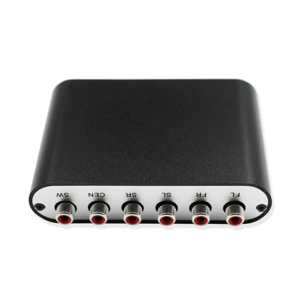Black DTS Dolby Digital audio decoder with optical, coaxial, and stereo input ports on the rear panel.