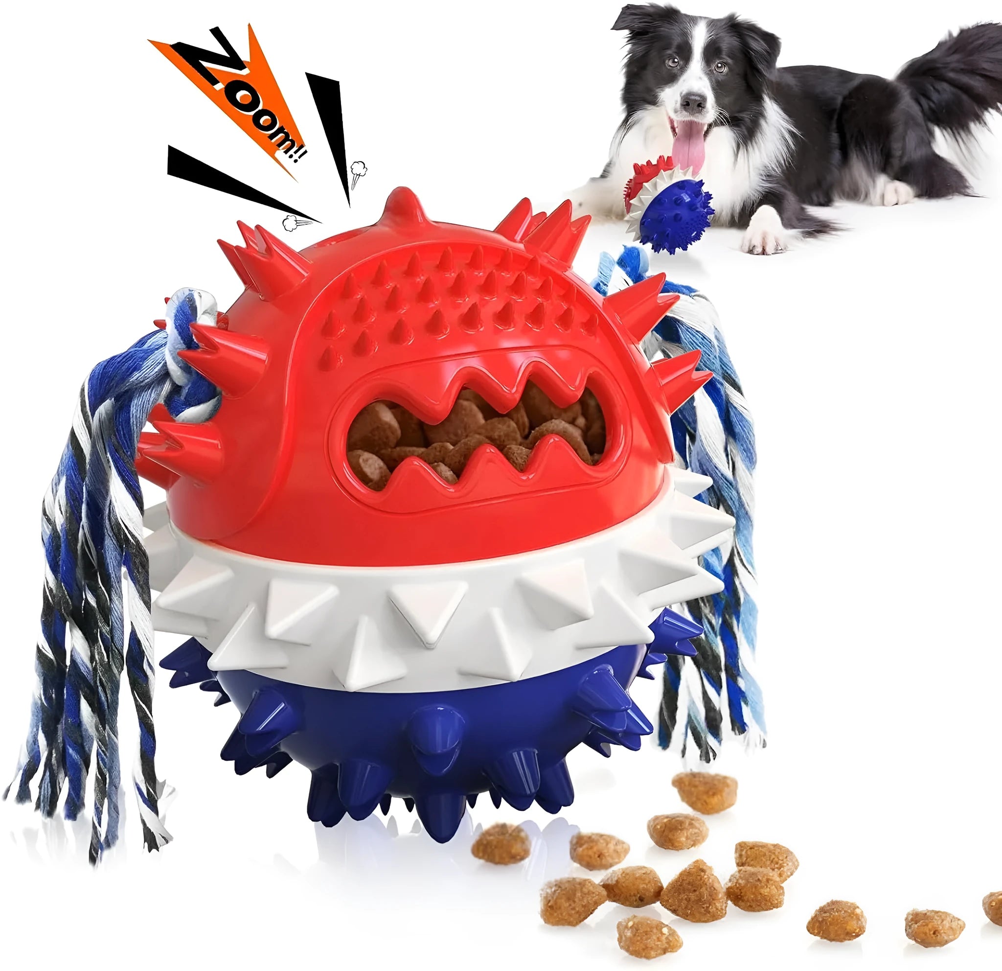 Blue and red TPR rubber squeaky dog ball with treat hole and rope tug.