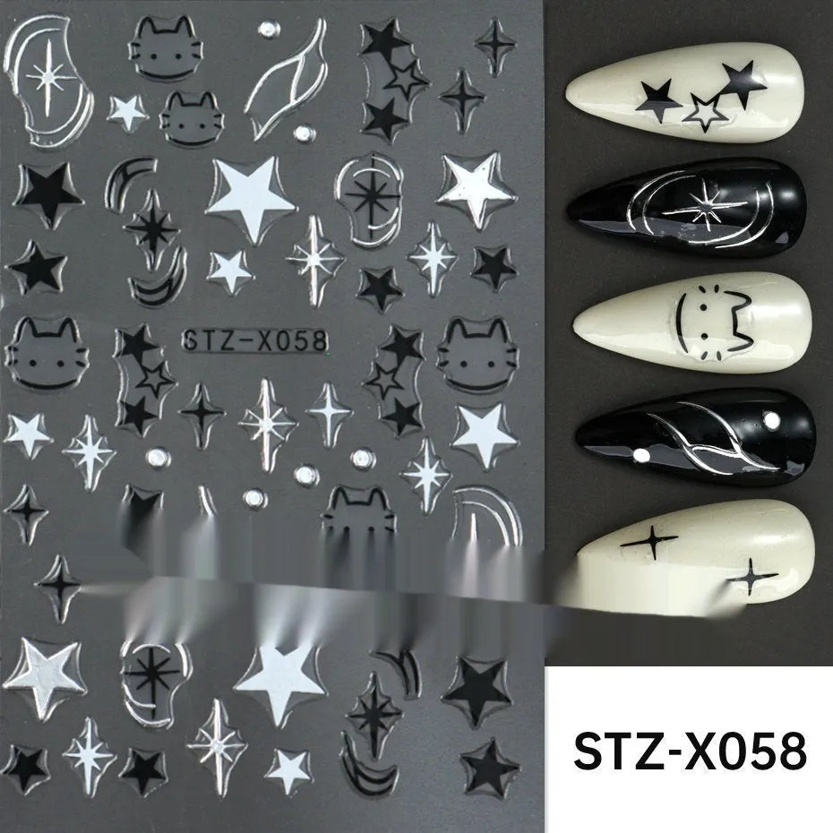 Sheet of black and silver strip nail art stickers with cartoon and love heart designs