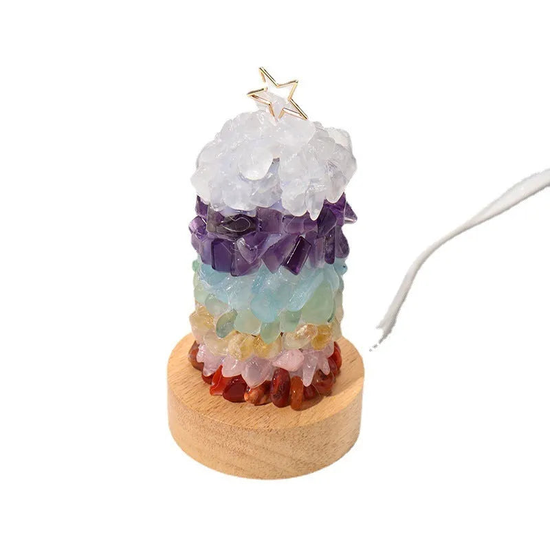 Natural crystal gravel small night lamp with USB cord, showing geometric crystals in cold light setting