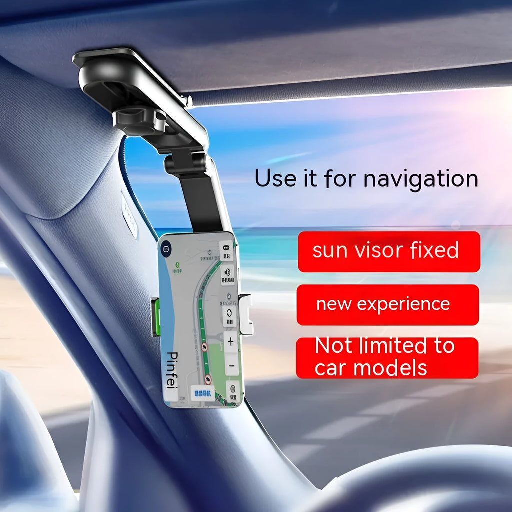 Black and green car mobile phone holder with clip-on mount and one-clip grip.