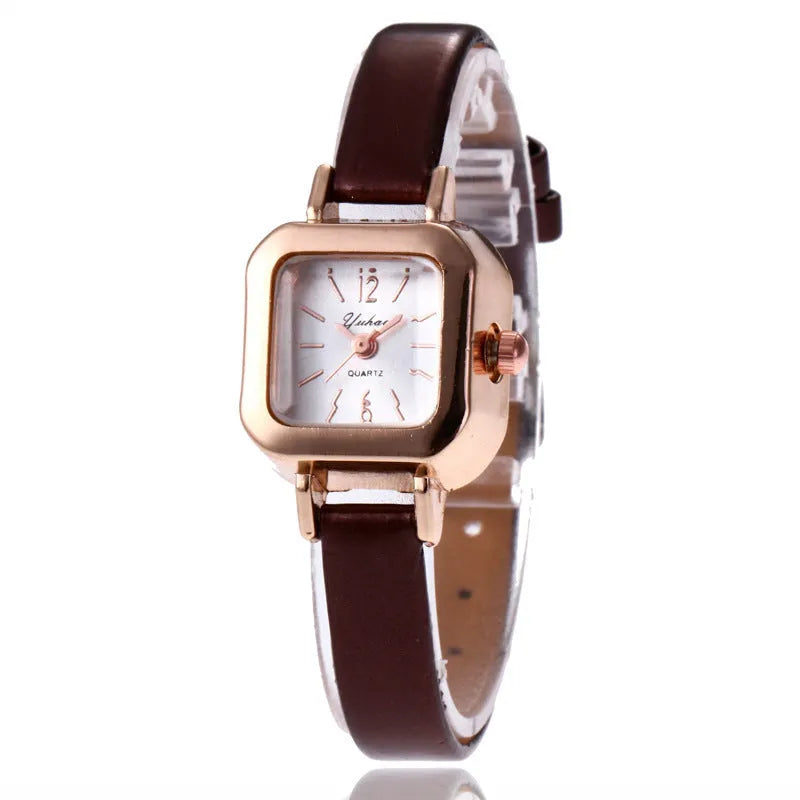 Retro style women's fashion watch with 10mm alloy case in black, white, pink, or brown.