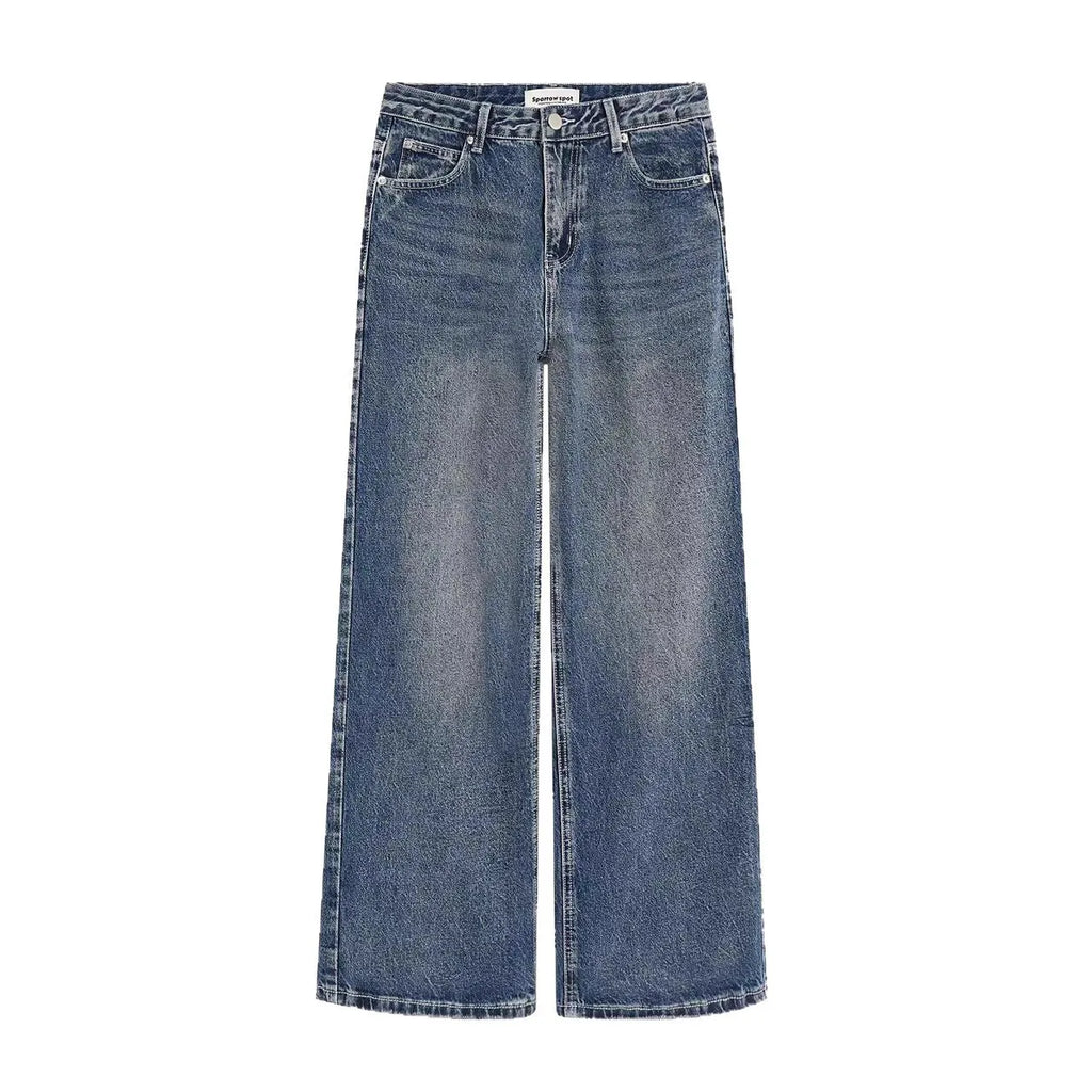 Blue designer embroidered high-waisted retro loose slimming trousers for teenagers