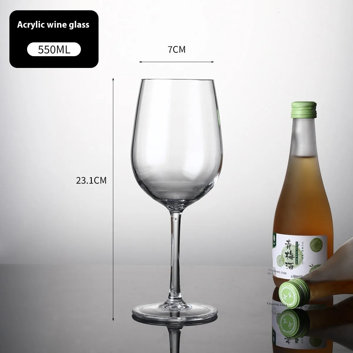 Clear acrylic wine glass with stem and bowl, shown in 550ml and 300ml sizes for party catering.