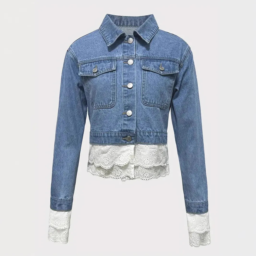 Blue women's denim jacket with decorative lace stitching on the front and sleeves.