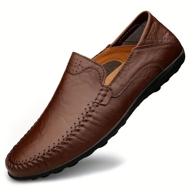 Men's brown leather business casual shoes with round toe and flat heel design
