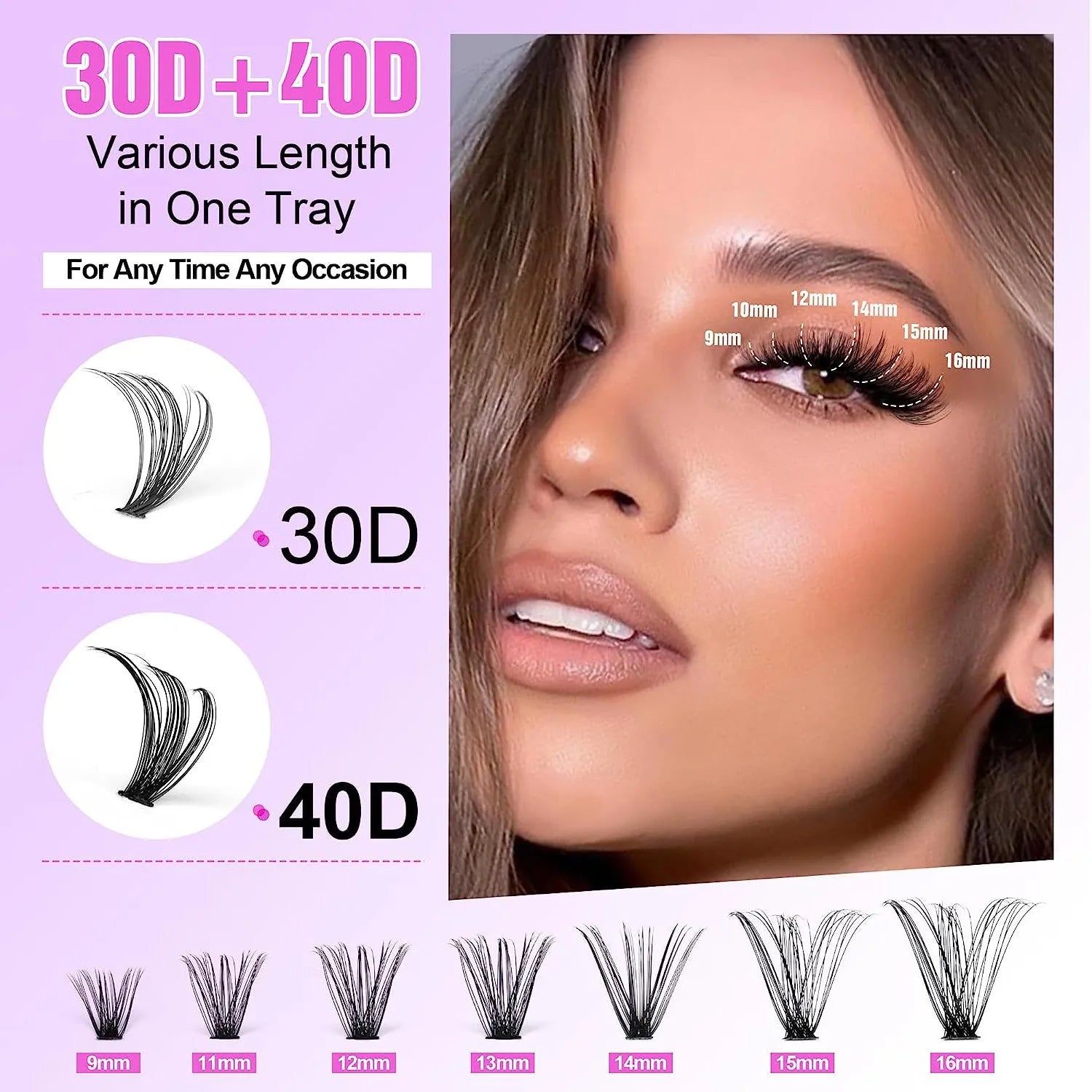 DIY cluster false eyelashes mixed package showing boxes of 30D and 40D lashes and tweezers