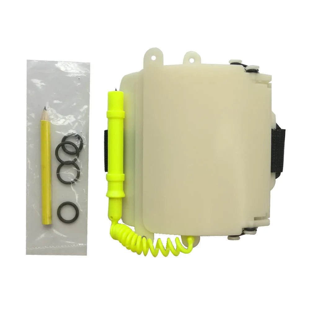White luminous diving wristboard with writing surface and integrated pencil for underwater communication