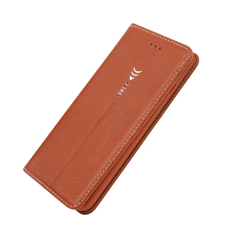 Brown PU leather wallet phone case for iPhone showing card slots and cash pocket.