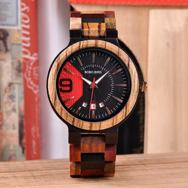BOBO BIRD Q13 men's wooden watch black red natural wood case 44mm
