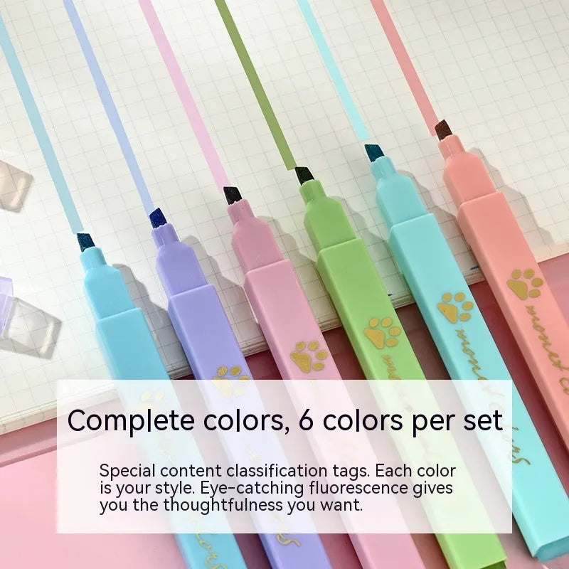 Cat's Paw brand set of six fluorescent highlighter pens with oblique nibs in a gift box