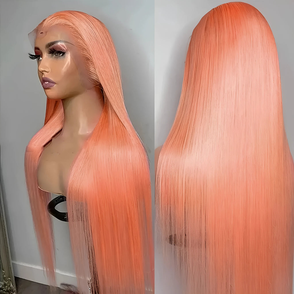 Light orange front lace wig in long straight style with side bangs