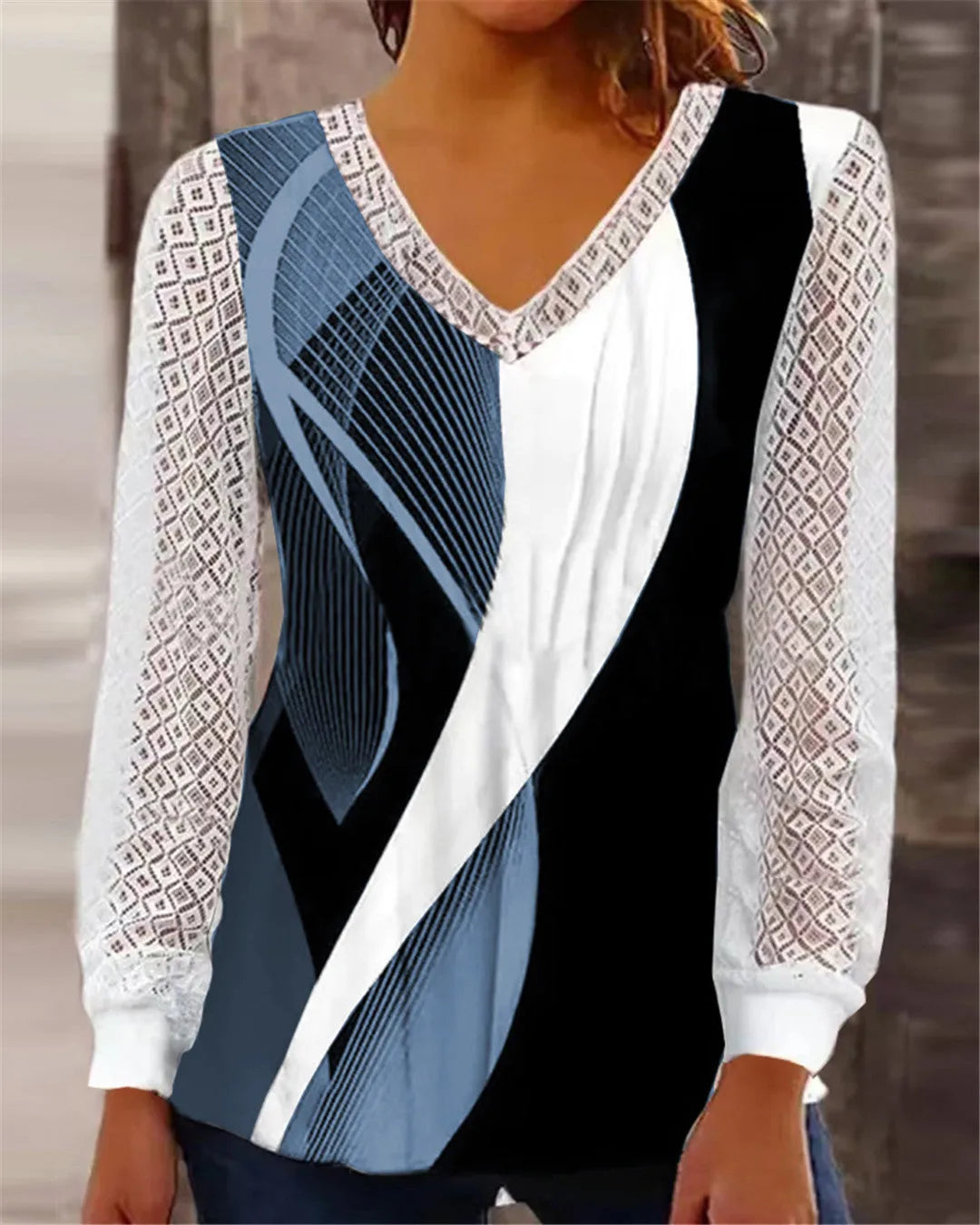 Purple V-neck loose print hollow-out lace top with long sleeves