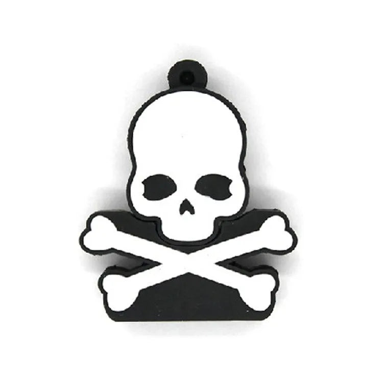 Skull-shaped USB flash drive on a small chain with PVC shell and USB 3.0 connector.
