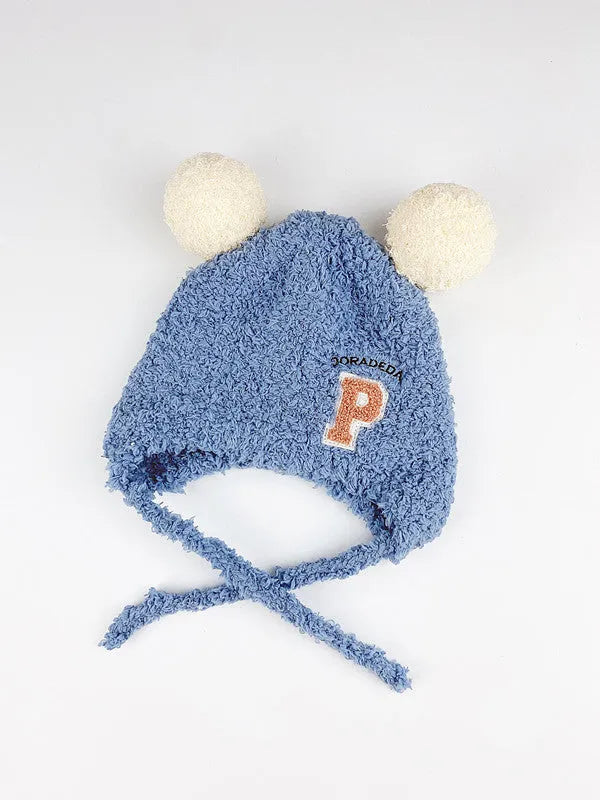 Baby cute plush hat with lamb wool Western style big ball in beige yellow blue pink colours