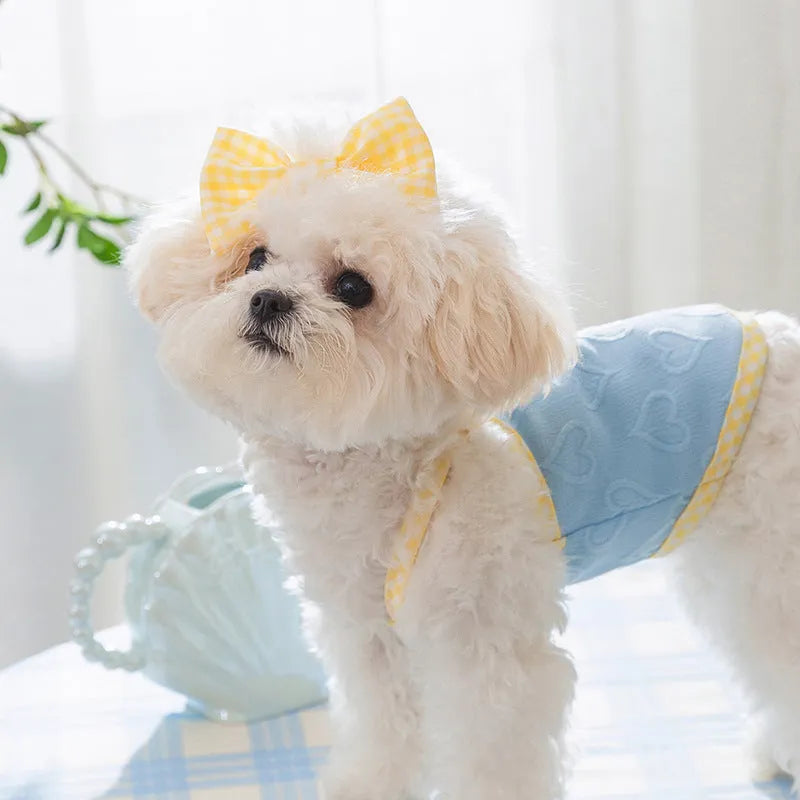 Small dog wearing heart relief texture bow suspenders vest in Bondi Blue colour with matching hairband
