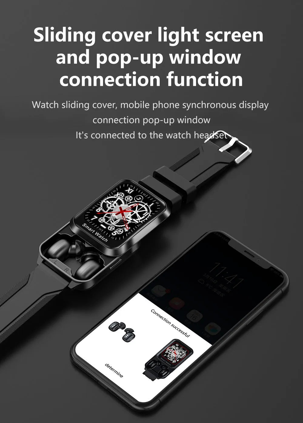A black smart bracelet with a colour touchscreen displaying a split-screen interface, on a silicone wrist strap.